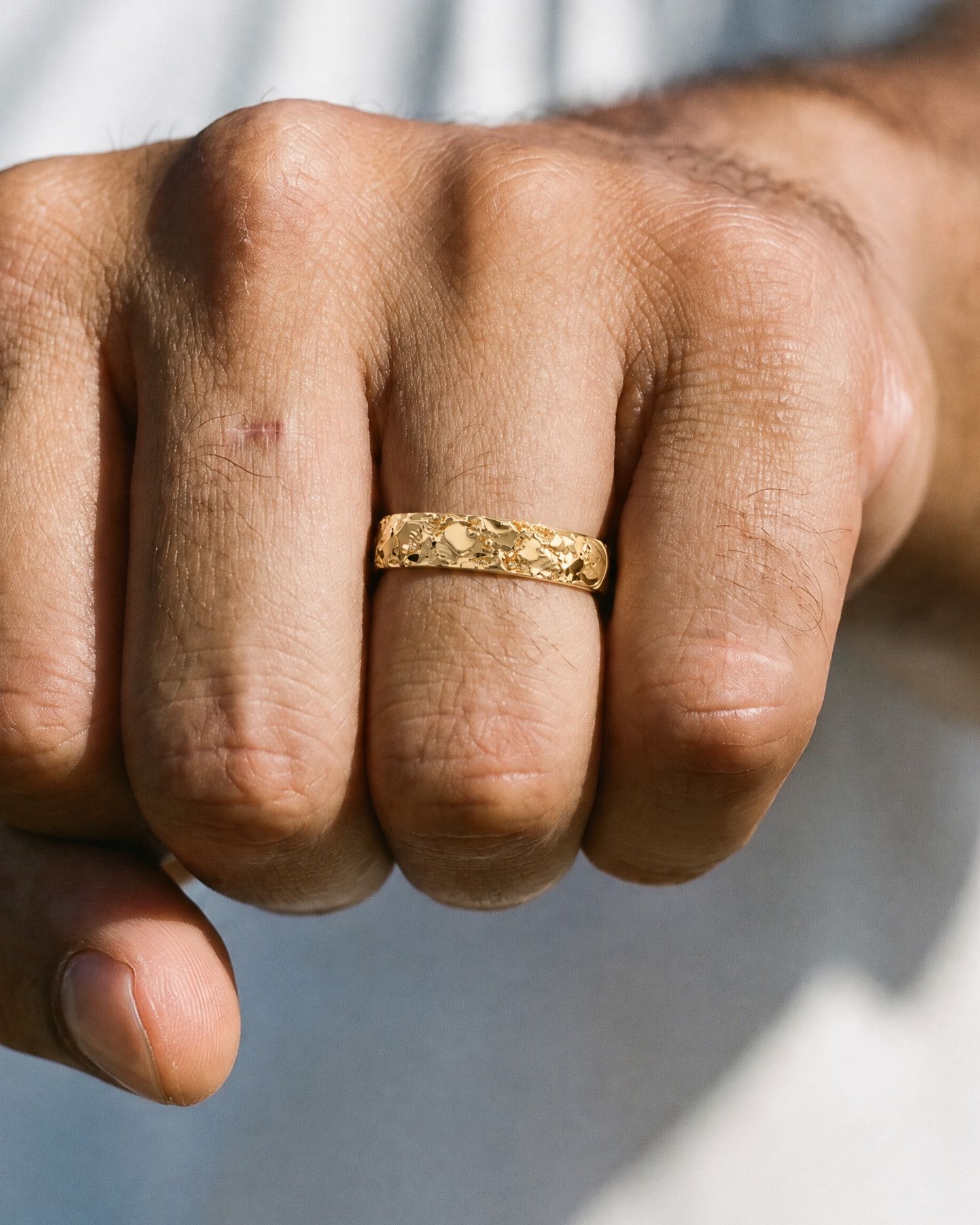 No. 024 Slim nugget ring, worn on the hand, 14K yellow gold