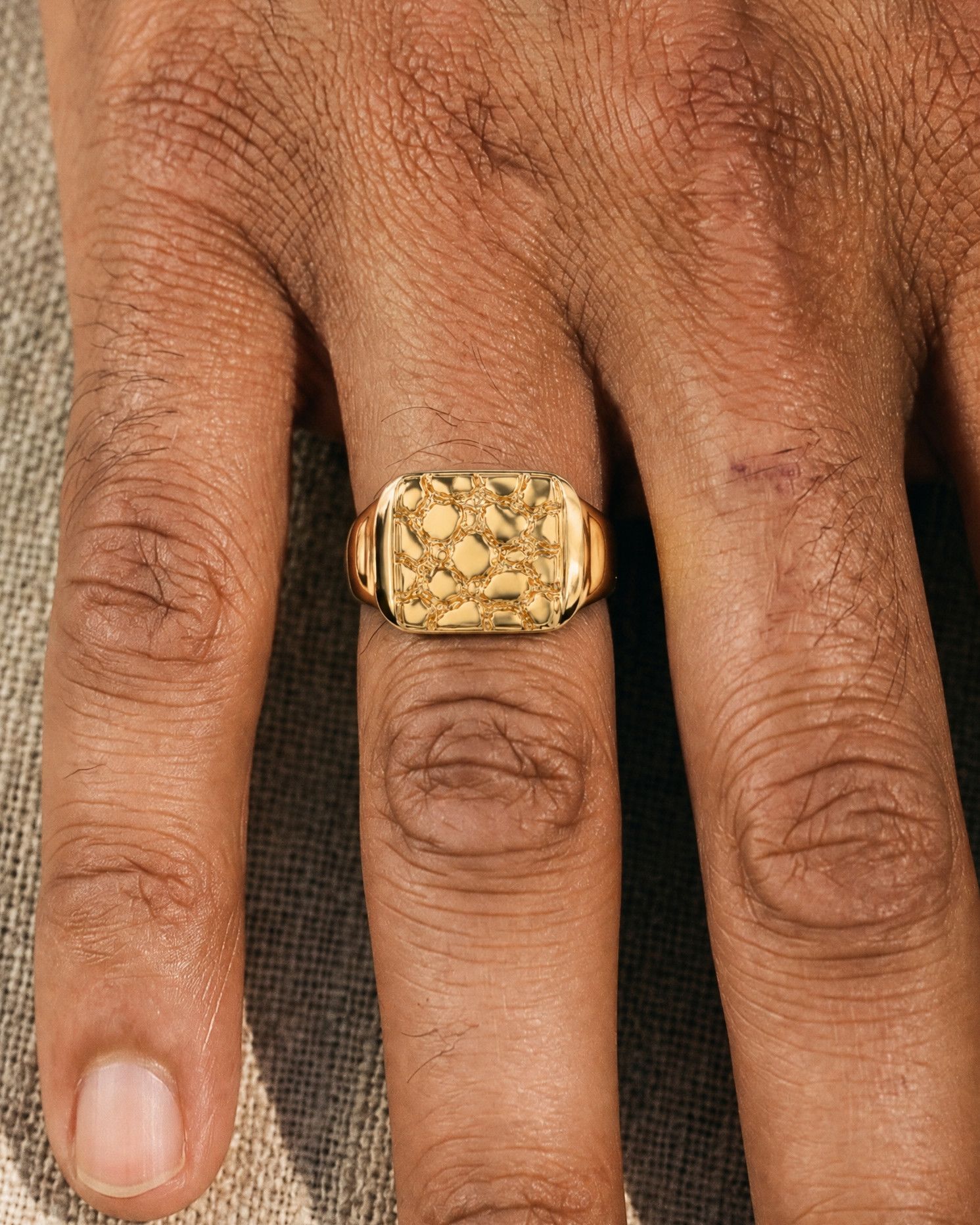 No. 401 Signet L nugget ring, worn, another hand, 14K yellow gold