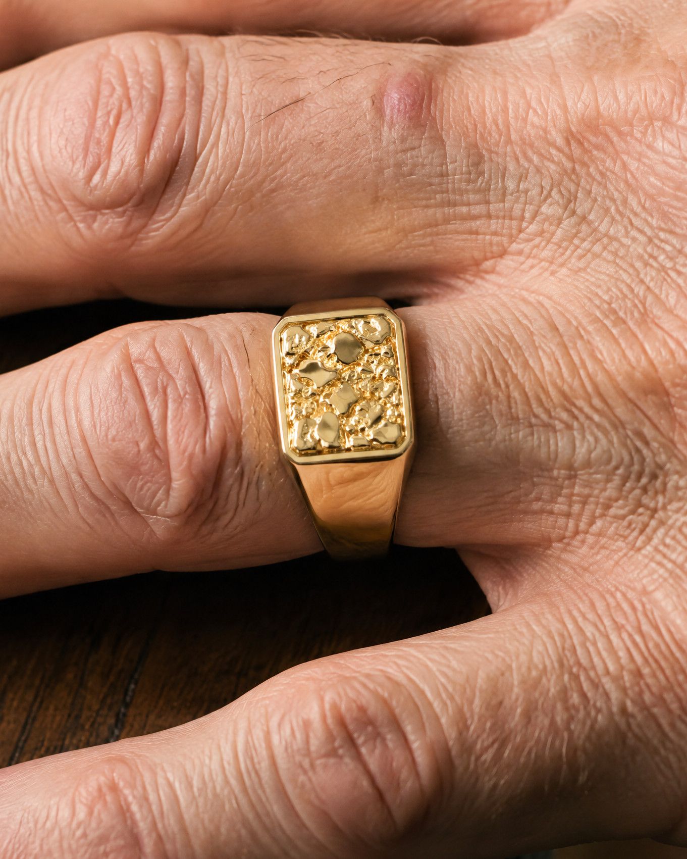 No. 501 Anvil nugget ring, worn, another hand, 14K yellow gold