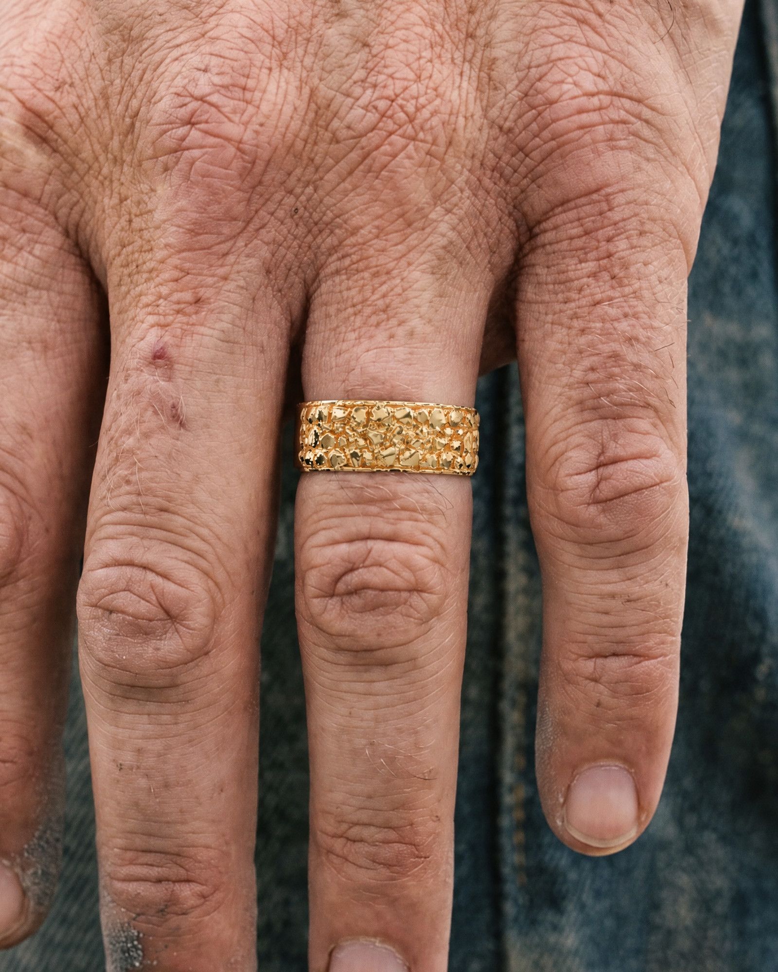 No. 508 Placer nugget ring, worn, another hand, 14K yellow gold