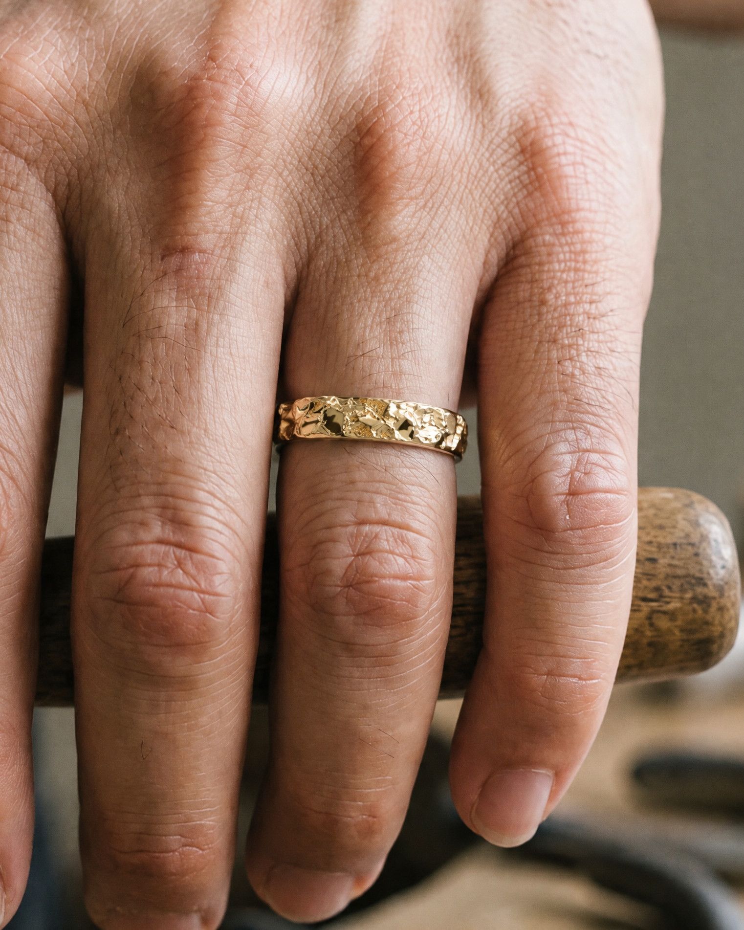 No. 024 Slim nugget ring, worn, another hand, 14K yellow gold