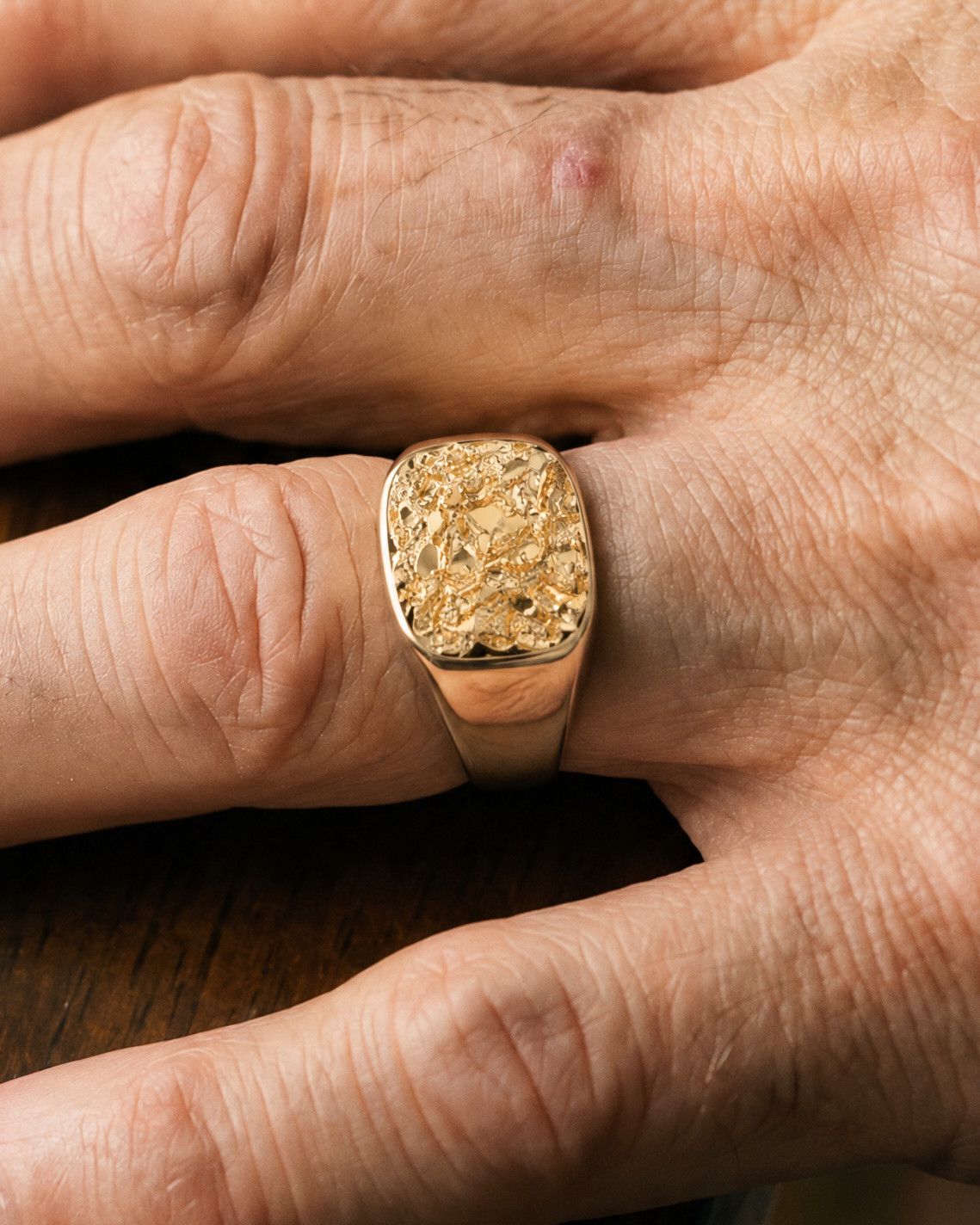 No. 014 The Block nugget ring, worn, another hand, 14K yellow gold