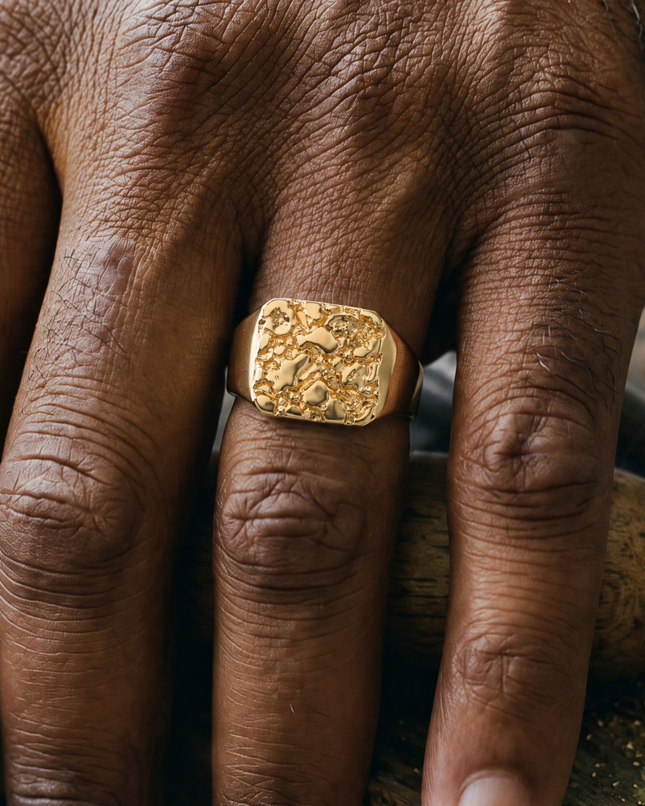 No. 502 Bullion nugget ring, worn, another hand, 14K yellow gold
