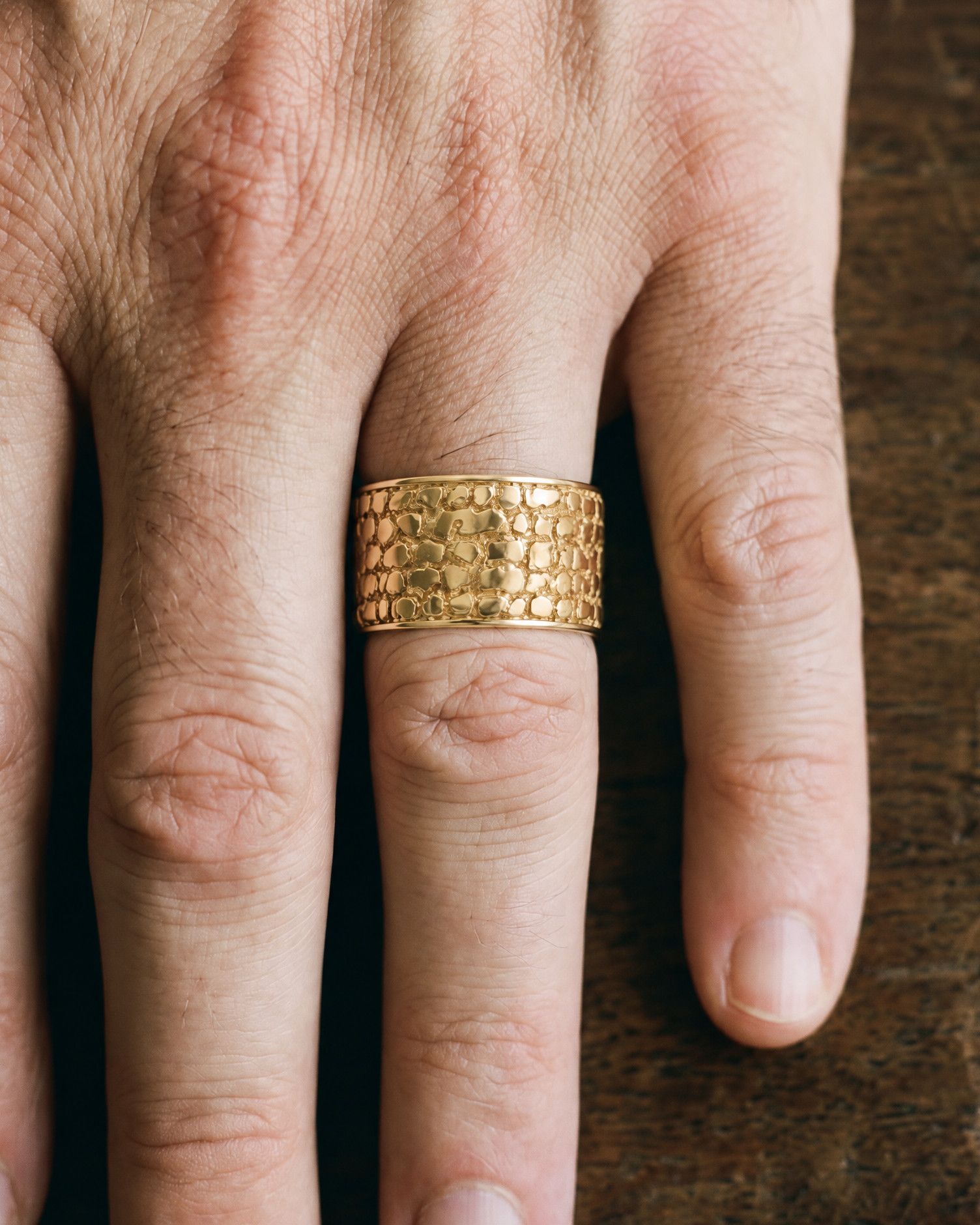 No. 447 Cigar Band nugget ring, worn, another hand, 14K yellow gold