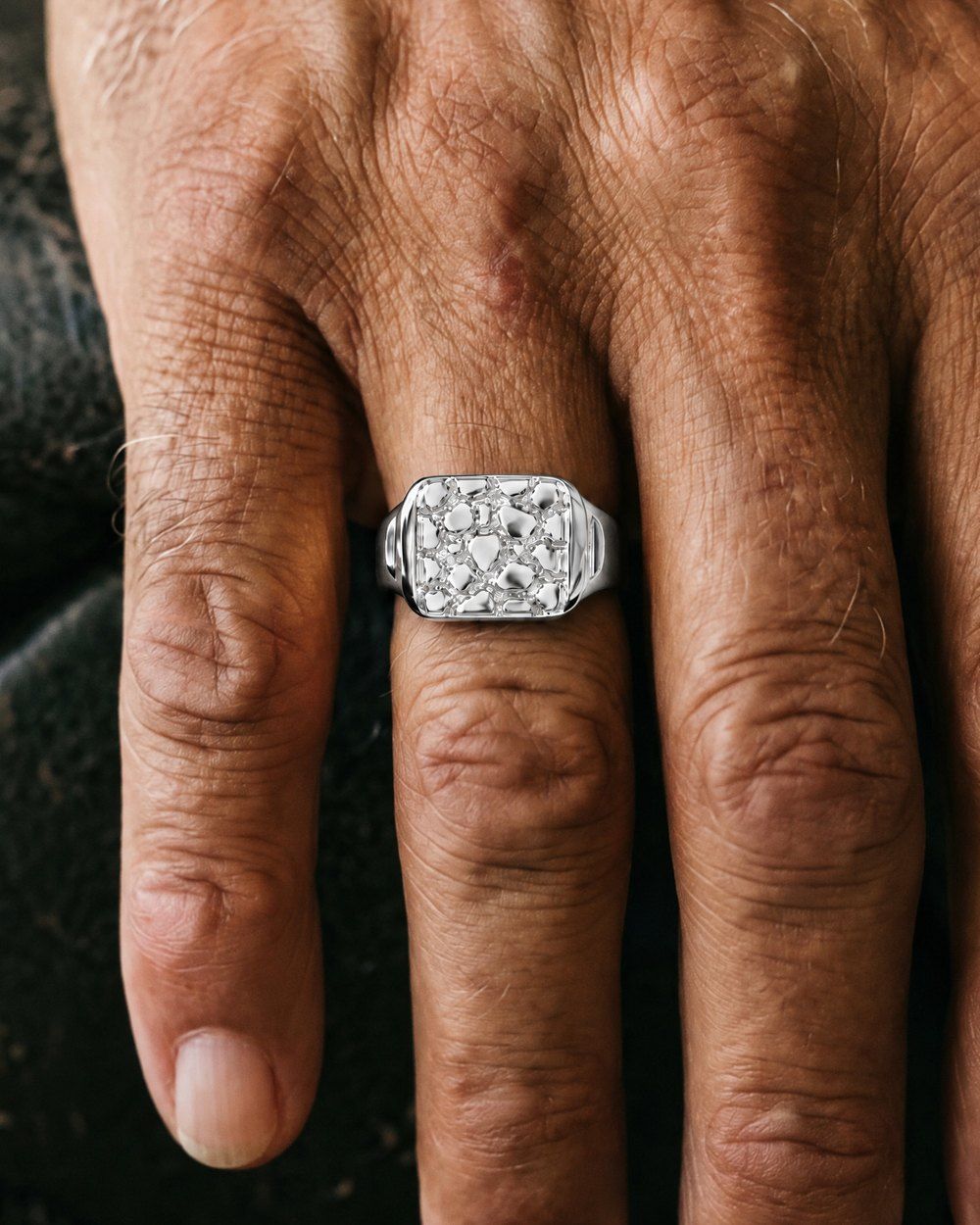 No. 401 Signet L nugget ring, worn on the hand, sterling silver