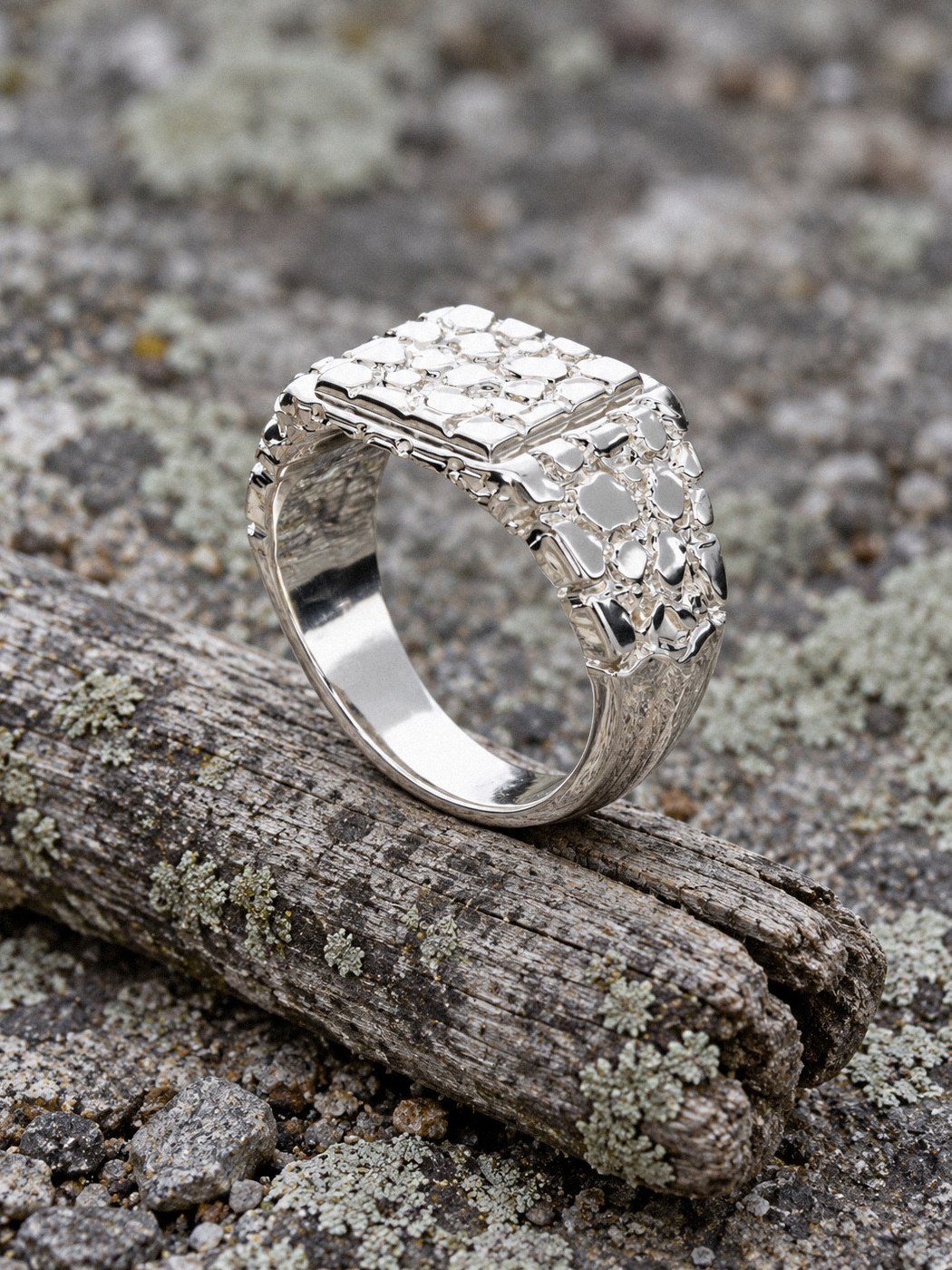 Signet S No. 402 in sterling silver, still life on weathered stone and wood