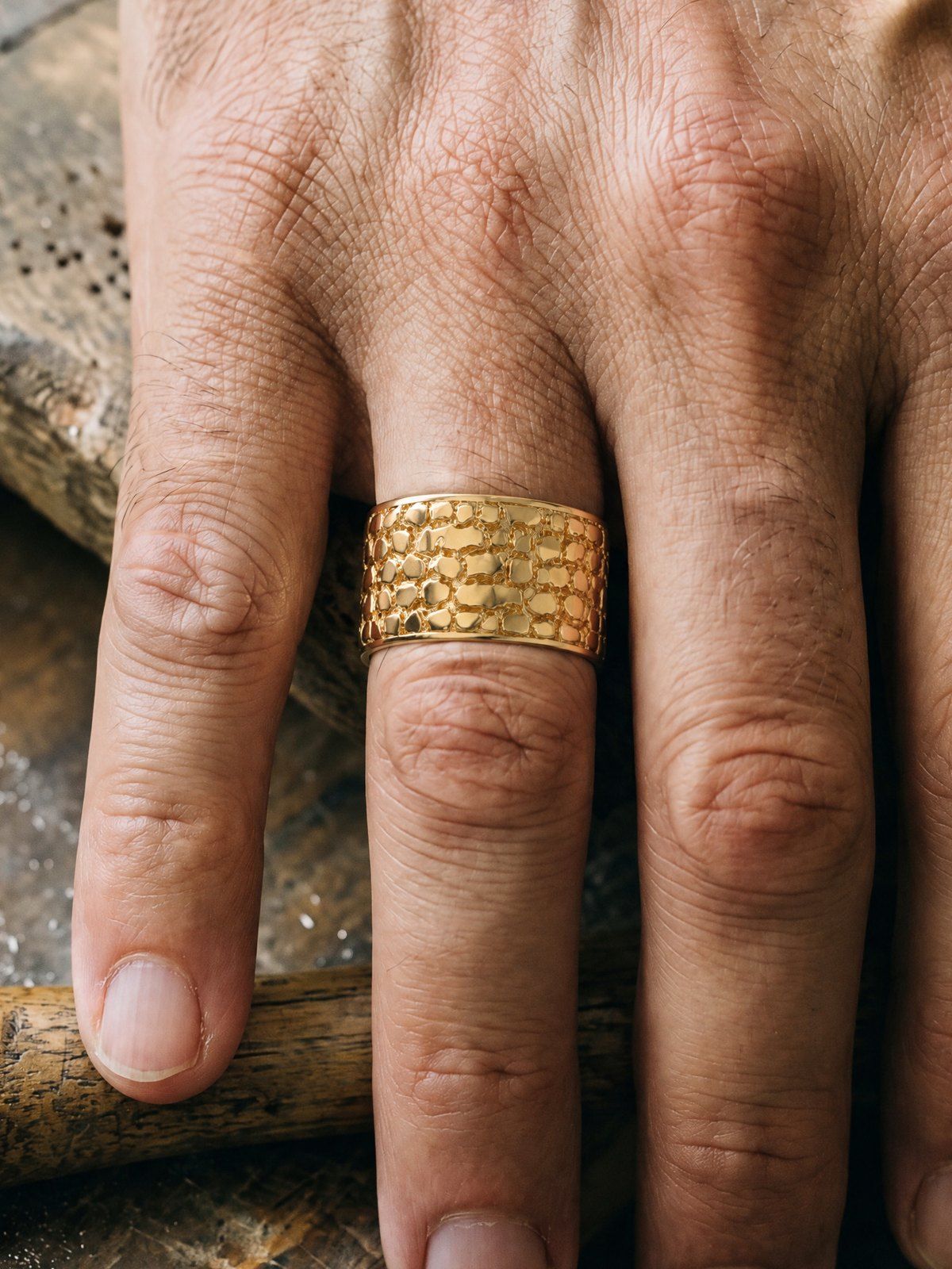 Cigar Band No. 447 in solid 14K gold, worn, close-up on the hand