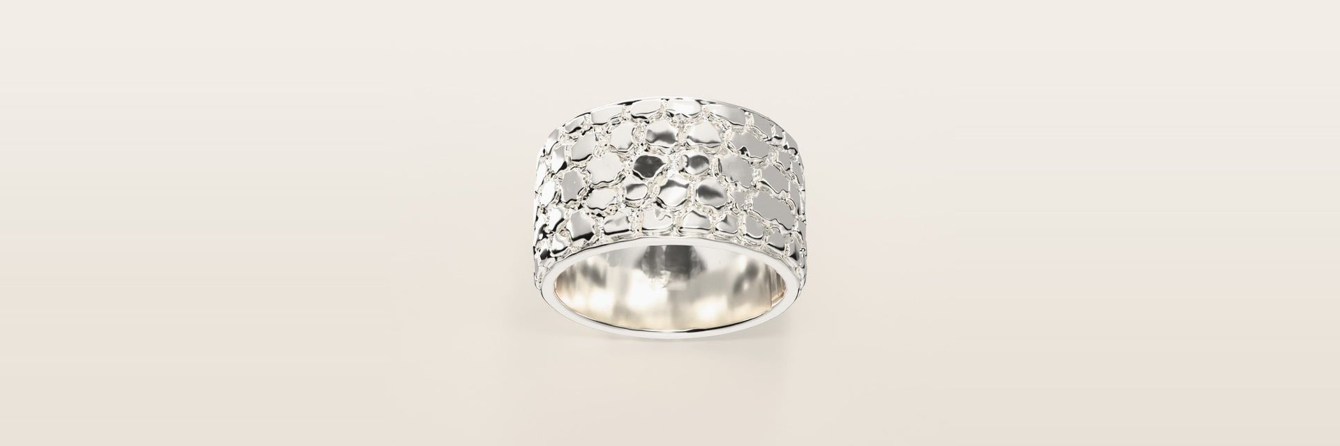 No. 447 Cigar Band nugget ring, the nugget pattern, face on, sterling silver, rendered from the production 3D file