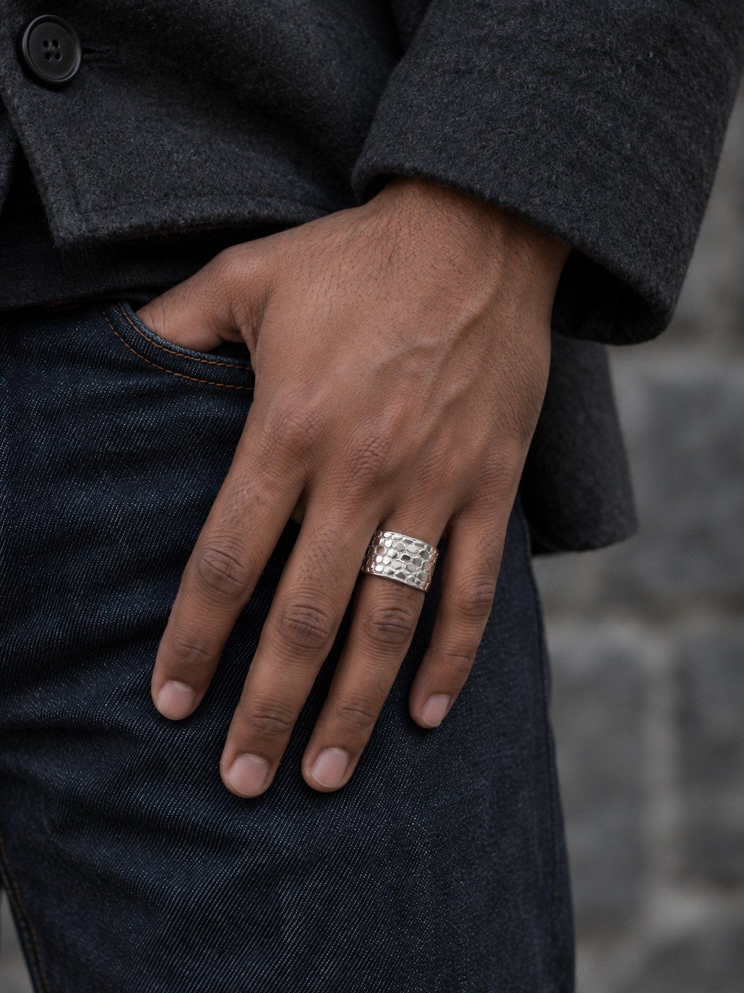 Cigar Band No. 447 in sterling silver, worn on the hand