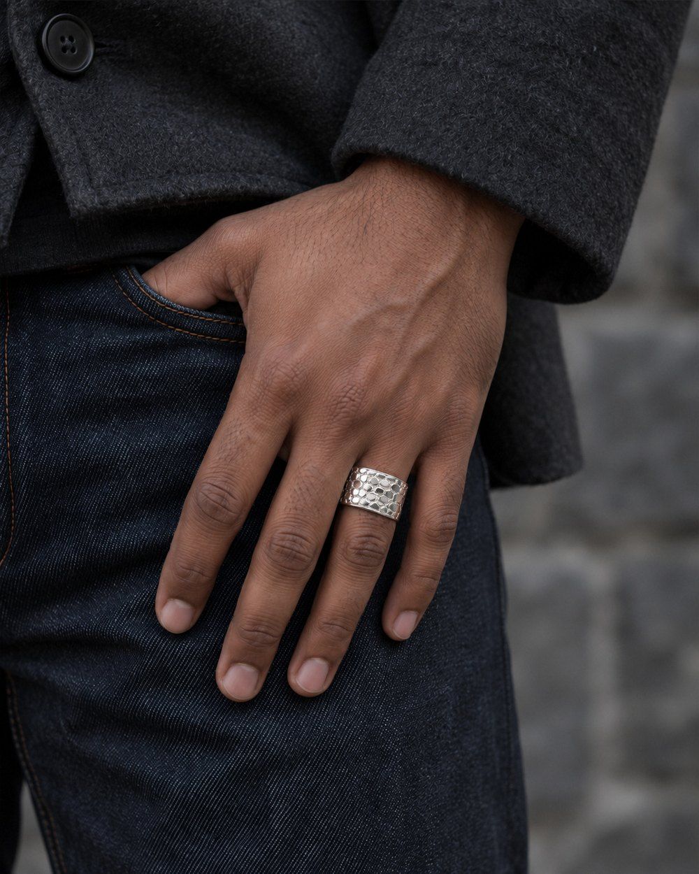 Cigar Band No. 447 in sterling silver, worn on the hand