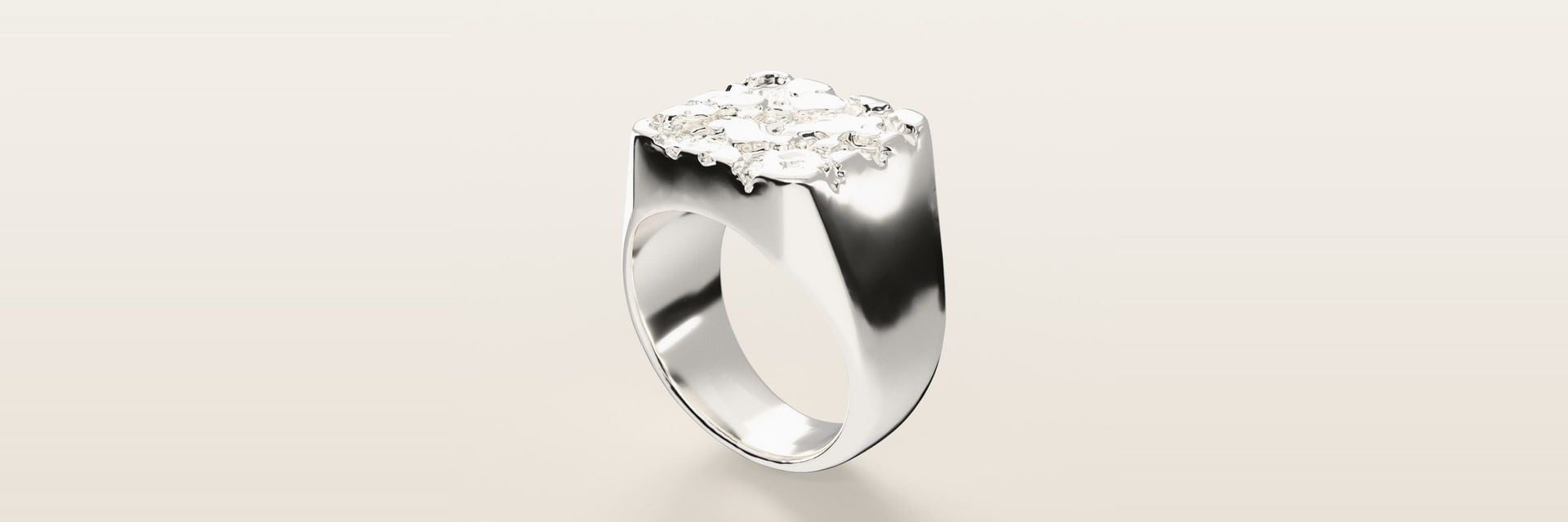 No. 502 Bullion nugget ring, three-quarter view, sterling silver, rendered from the production 3D file