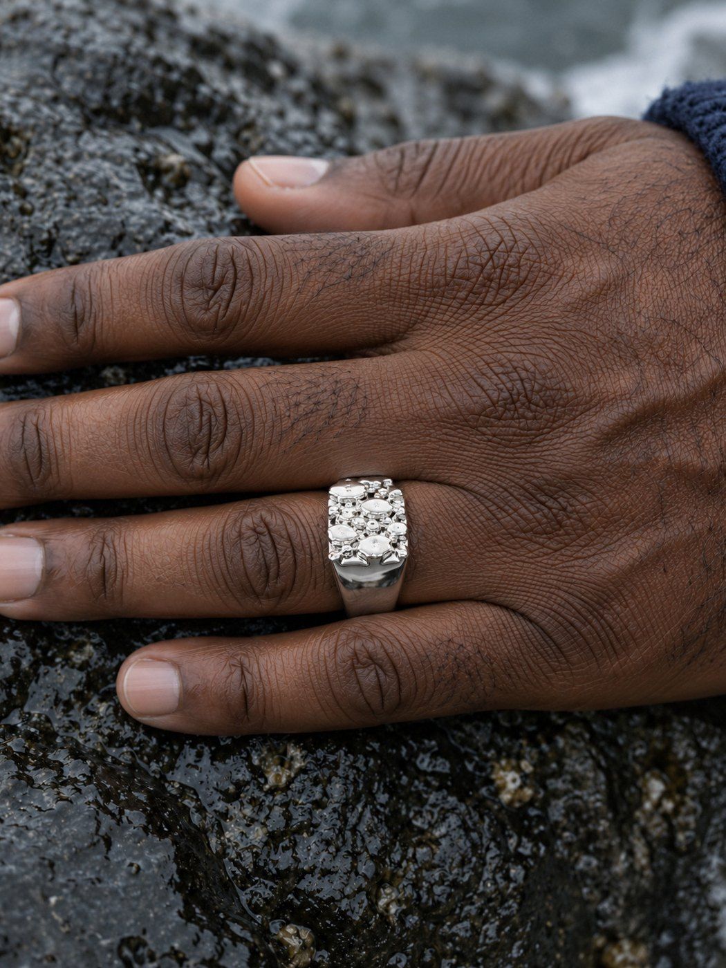 Bullion No. 502 in sterling silver, worn, close-up on the hand