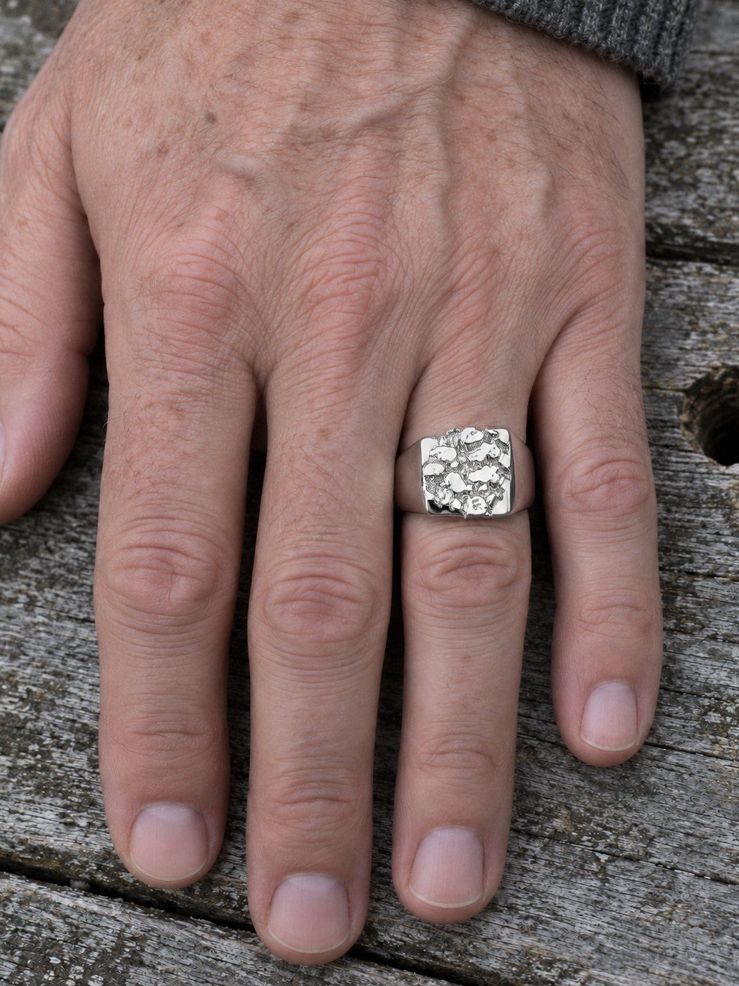 Bullion No. 502 in sterling silver, worn on another hand