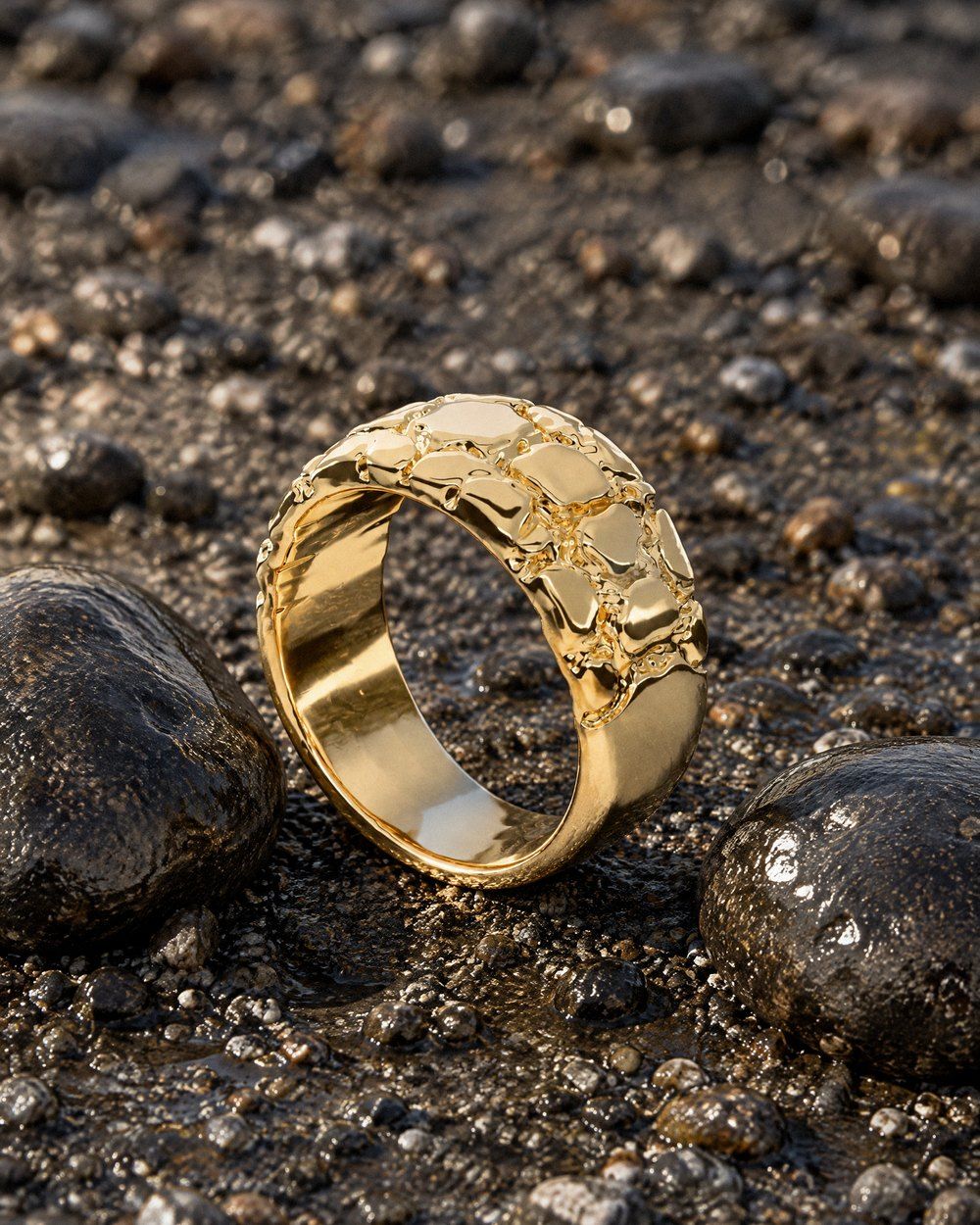 No. 507 Riverbed nugget ring, still life, 14K yellow gold