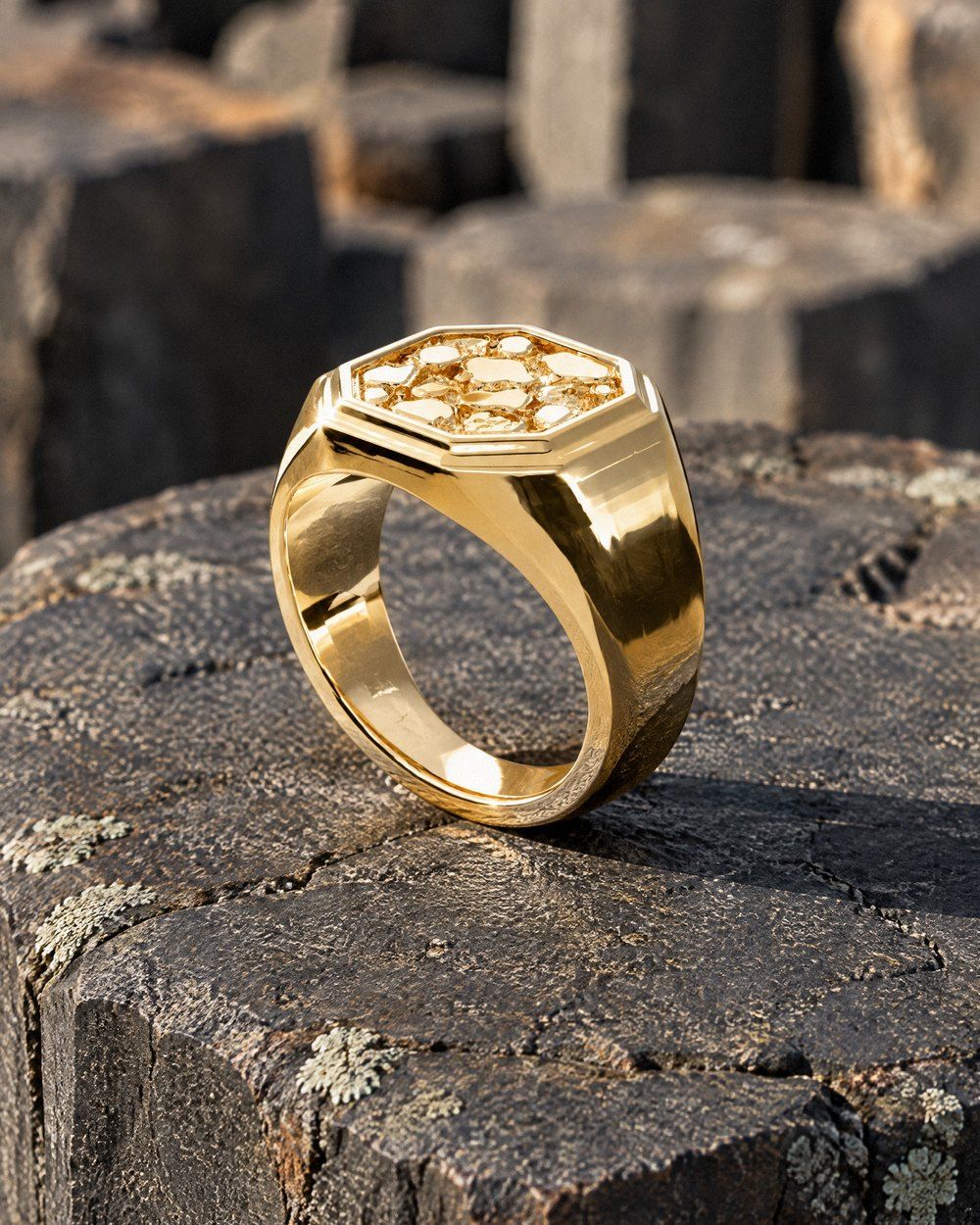 No. 531 Octagon nugget ring, still life, 14K yellow gold