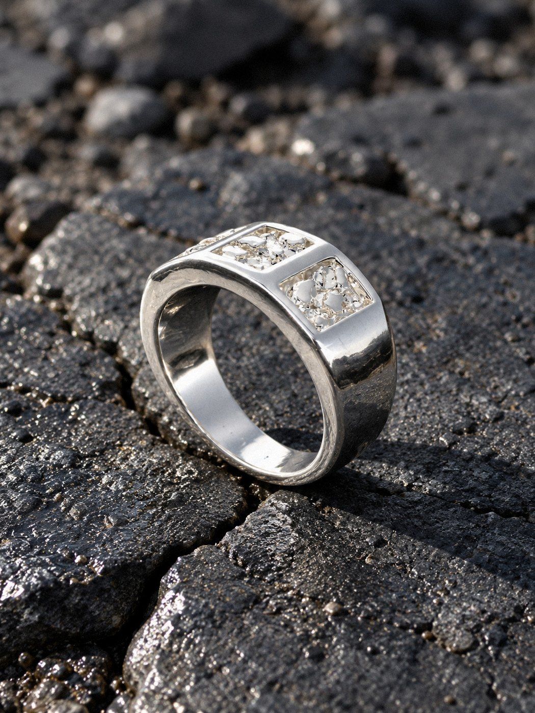 Triptych No. 536 in sterling silver, still life on dark stone