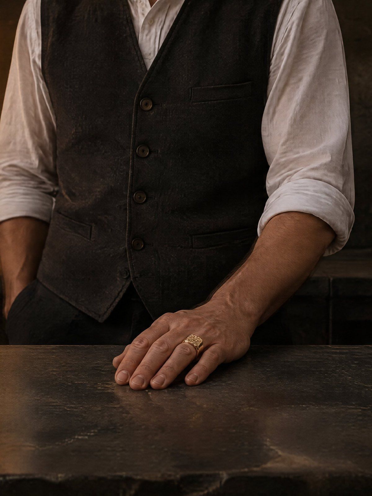 Bullion No. 502 in solid 14K gold, a hand on a dark stone counter under a bare tungsten bulb