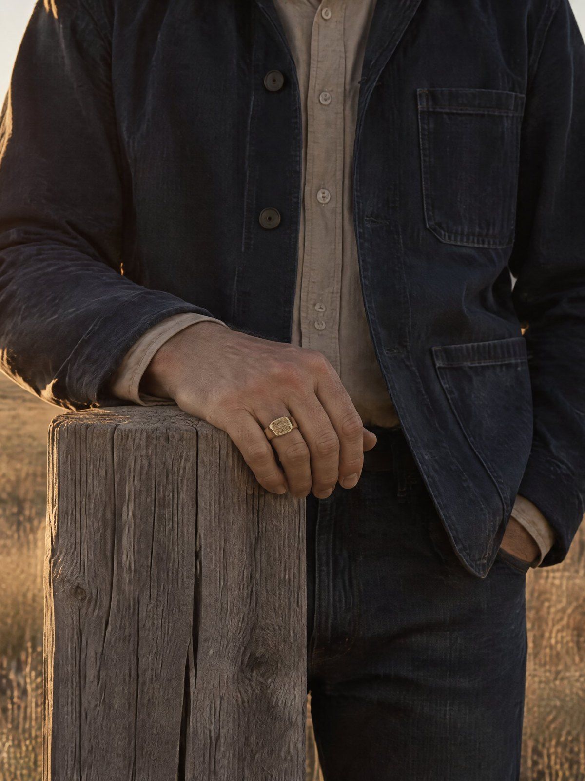 The Block No. 014 in solid 14K gold, a hand on a weathered timber claim post in dry grass at sundown