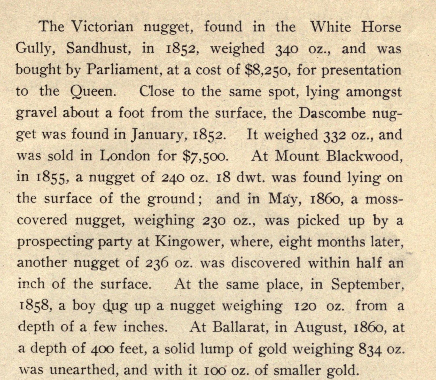 A page of old printed text listing Victorian nuggets by weight, place and depth, including finds at Kingower