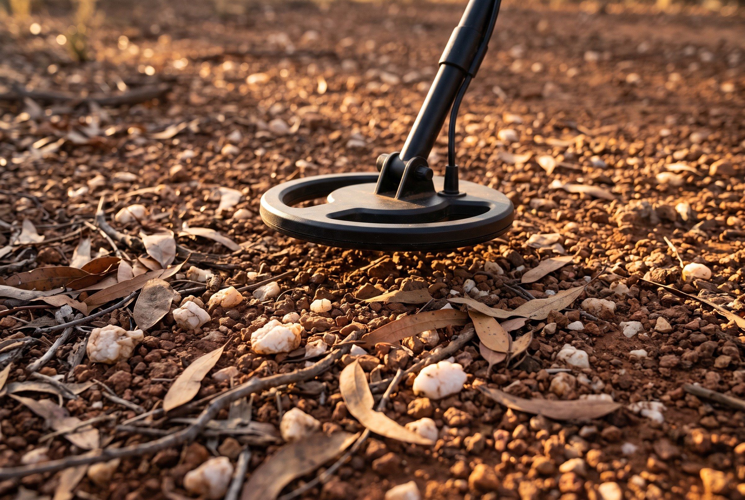 The round coil of a metal detector held just above red-brown gravelly ground with white quartz pebbles and dry eucalyptus leaves, at sunrise