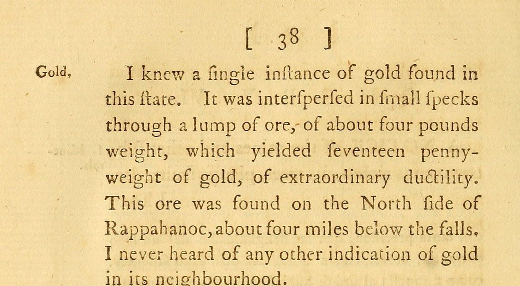 A printed page in 18th-century type with the margin heading Gold: I knew a single instance of gold found in this state