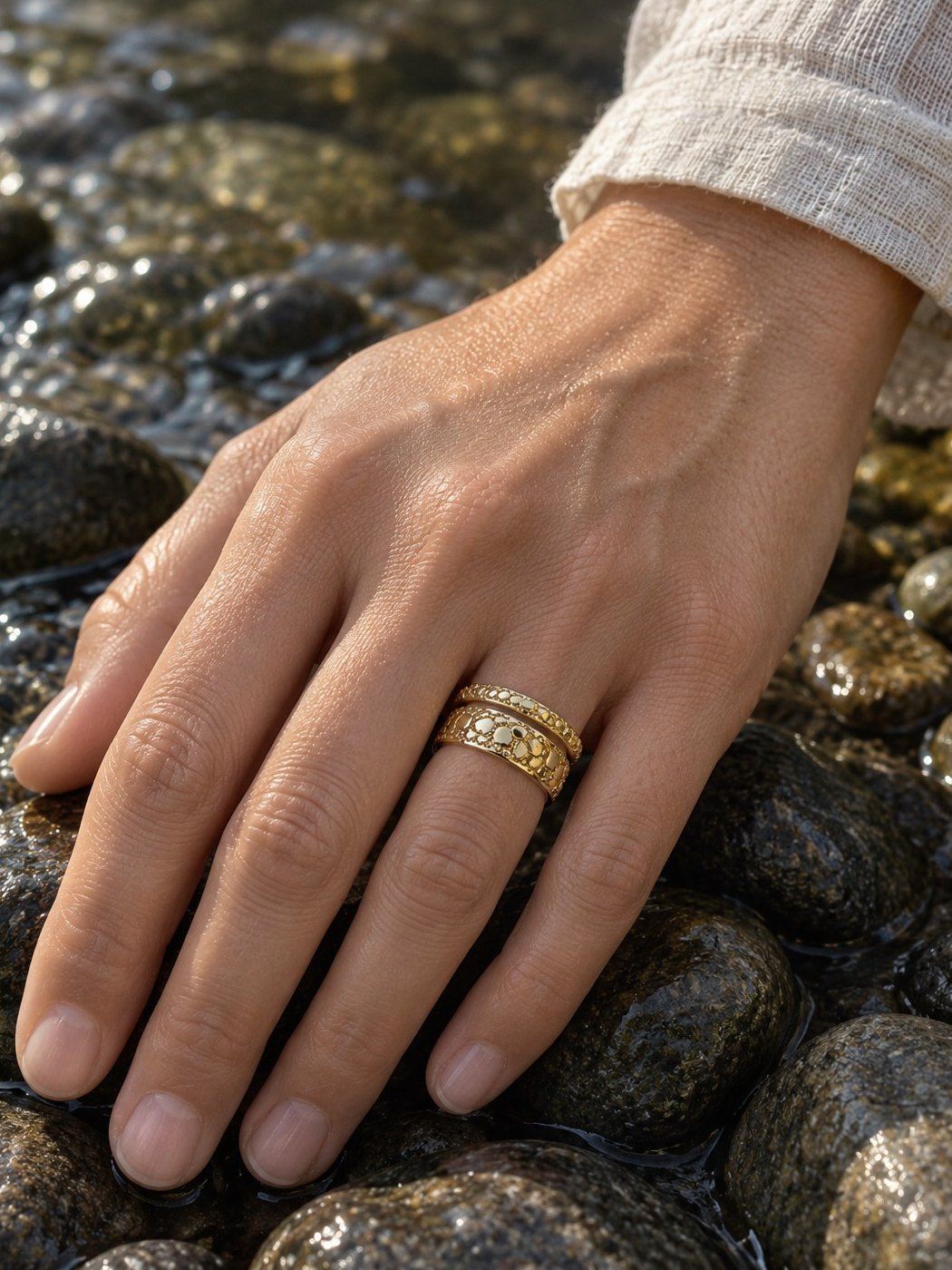 Placer No. 508 and Stacking Band 3 mm No. 444 in solid 14K gold, together on one hand on wet river stones