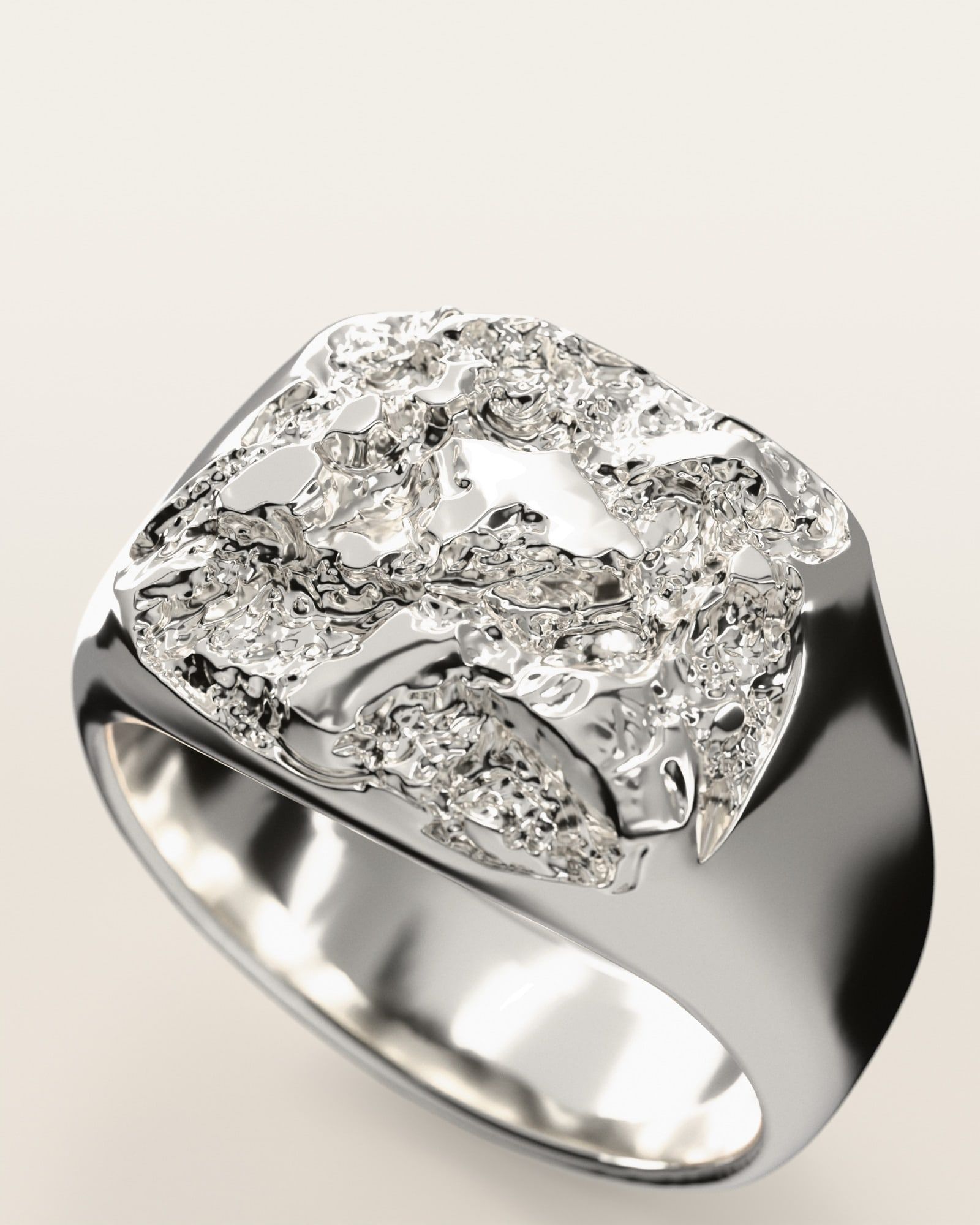 No. 014 The Block nugget ring, the nugget pattern, face on, sterling silver, rendered from the production 3D file