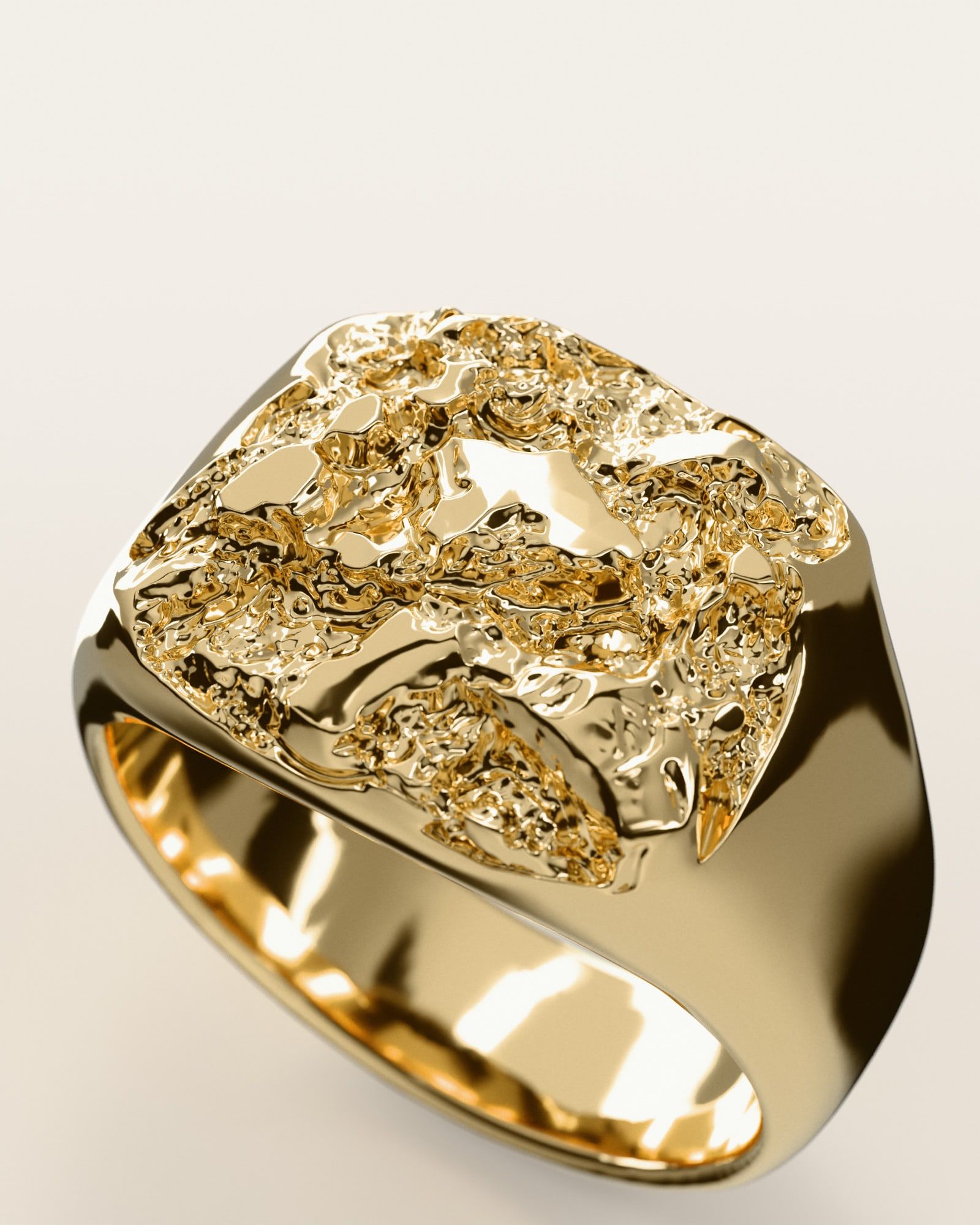 No. 014 The Block nugget ring, the nugget pattern, face on, 14K yellow gold, rendered from the production 3D file