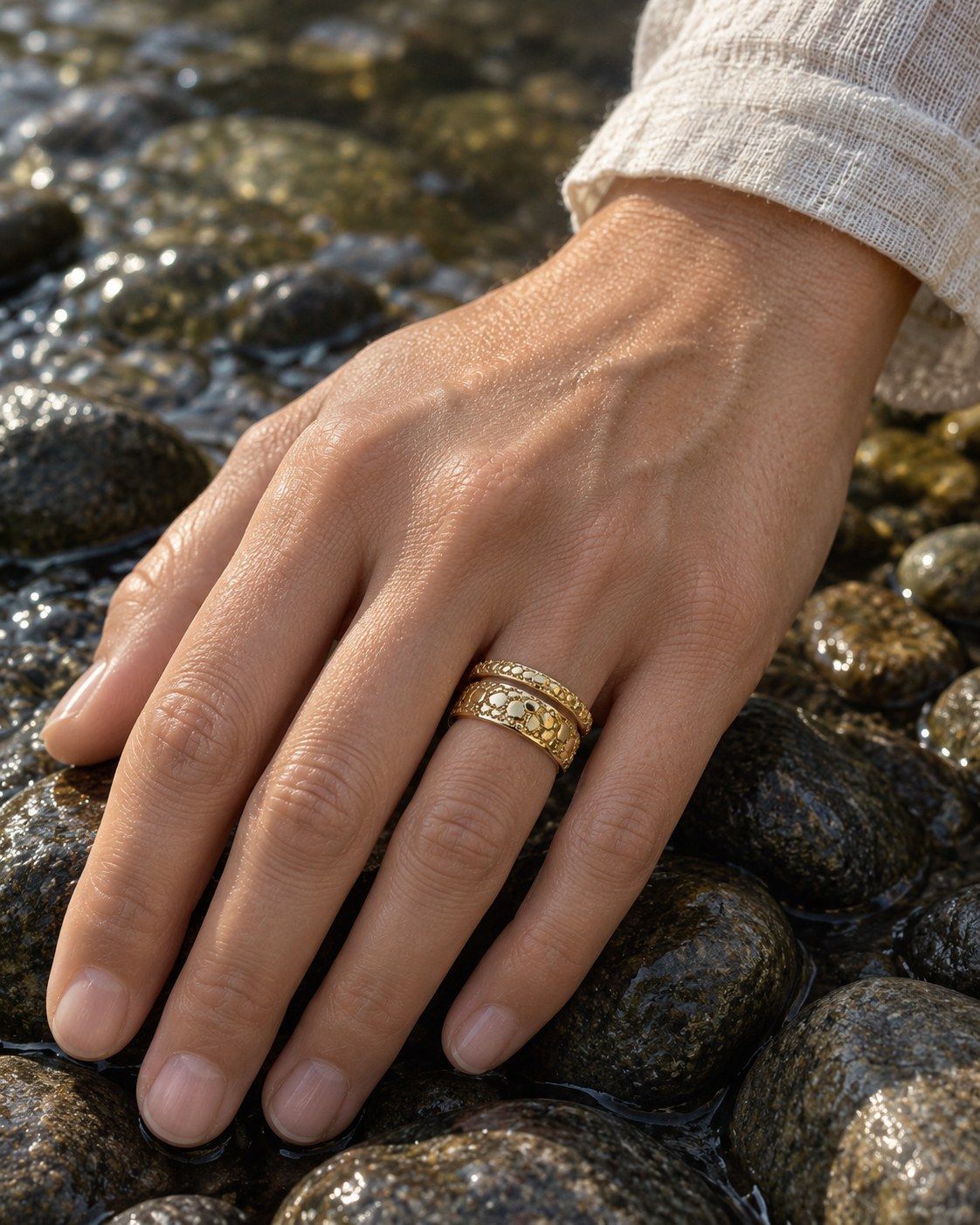 A hand on wet river stones wearing No. 508 Placer and No. 444 Stacking Band 3 mm together, 14K yellow gold