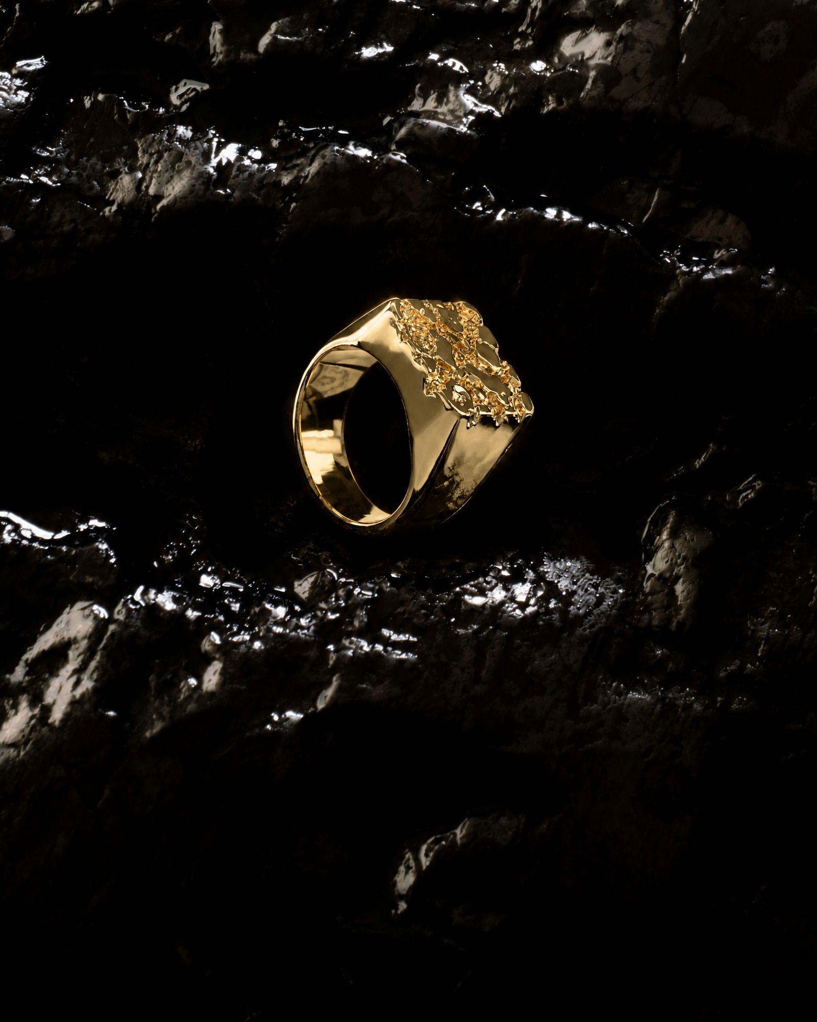 No. 502 Bullion nugget ring on rock, 14K yellow gold